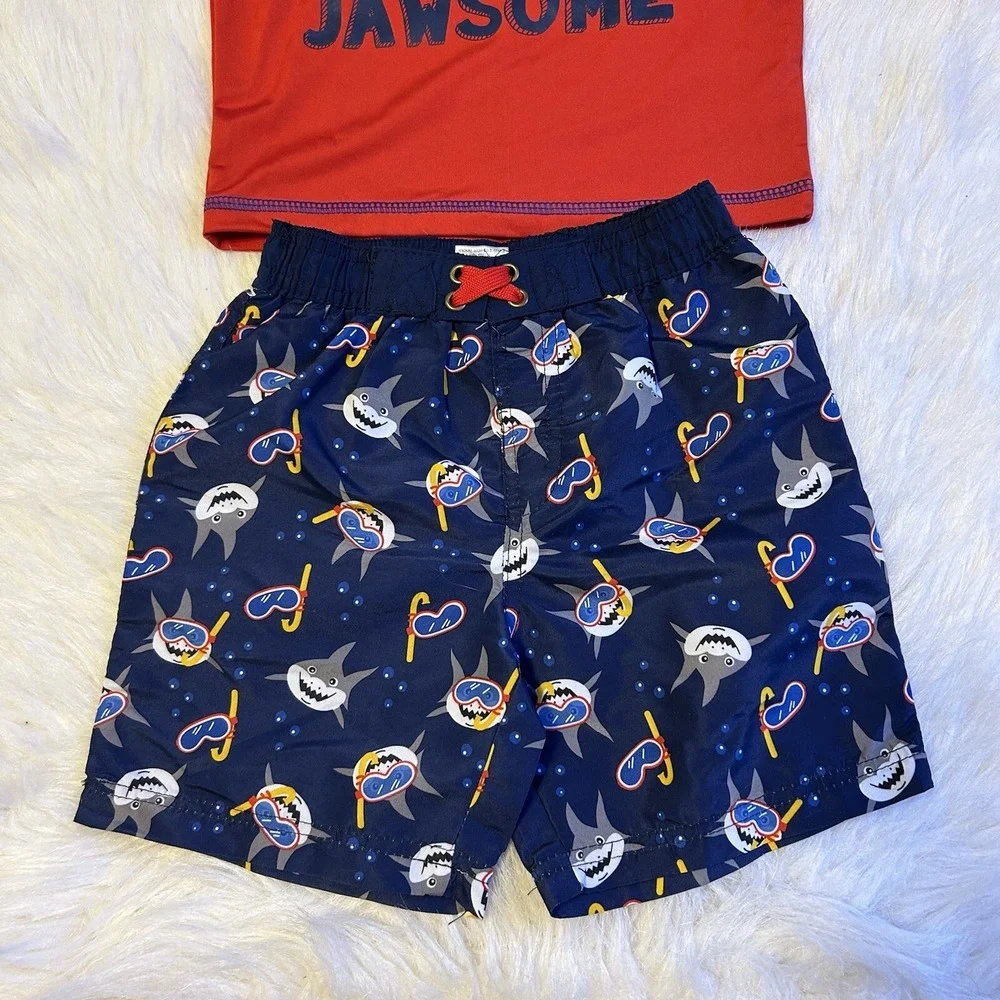 Swiggles Swimsuit Toddler Boys Size 2T Red Blue‎ Shark Two Piece Set Rashguard